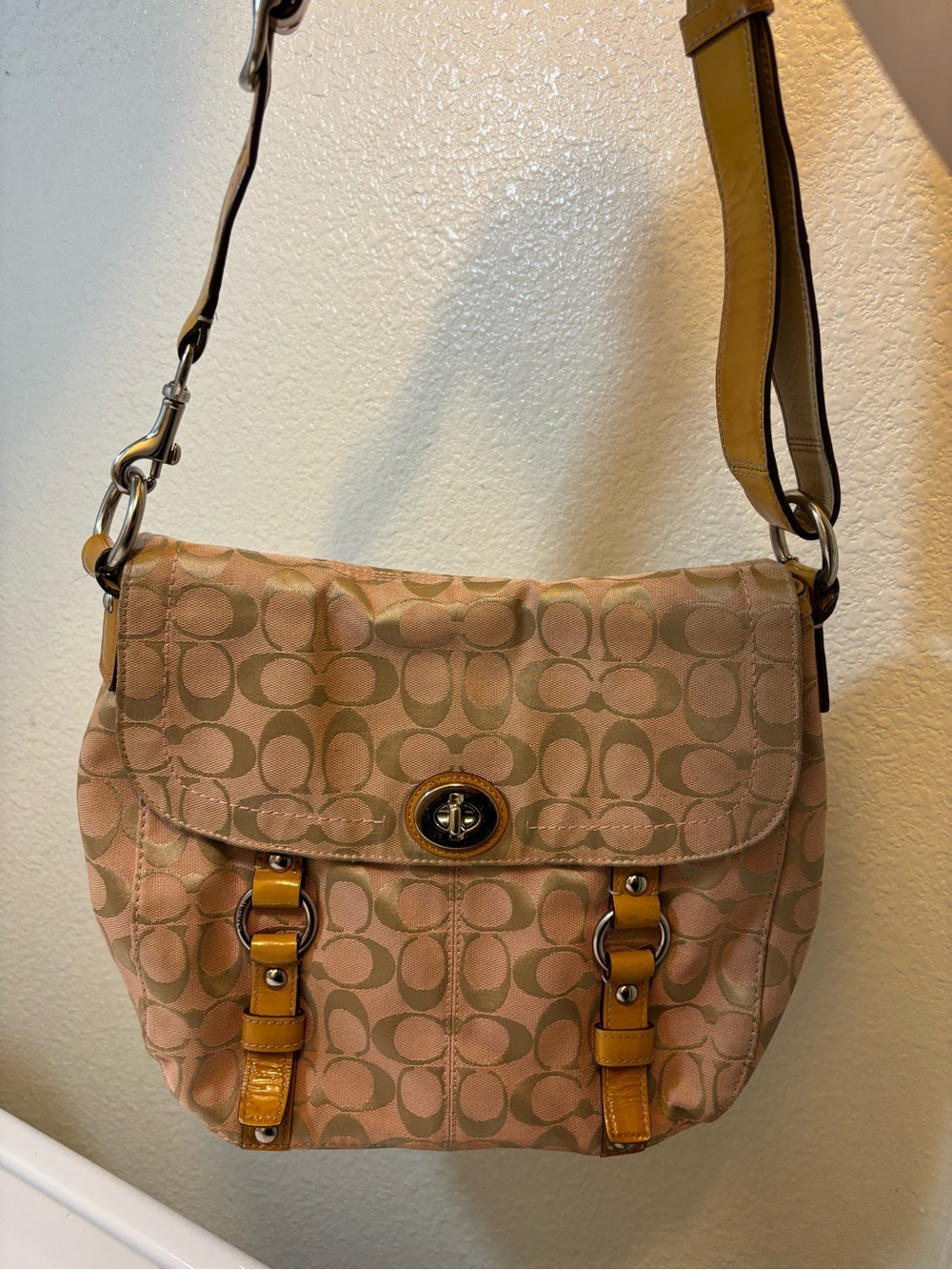 Coach Pink Signature Canvas Crossbody with Tan Leather Accents